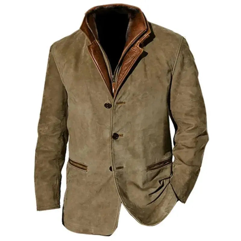 Men's classic button-up winter jacket in khaki, featuring a structured silhouette. Versatile outerwear for cold weather.