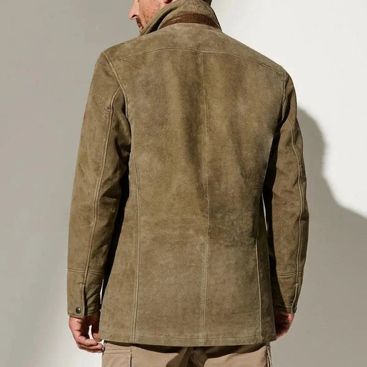 Classic men's khaki button-up jacket, a versatile winter outerwear piece. Ideal for smart casual cold weather style.