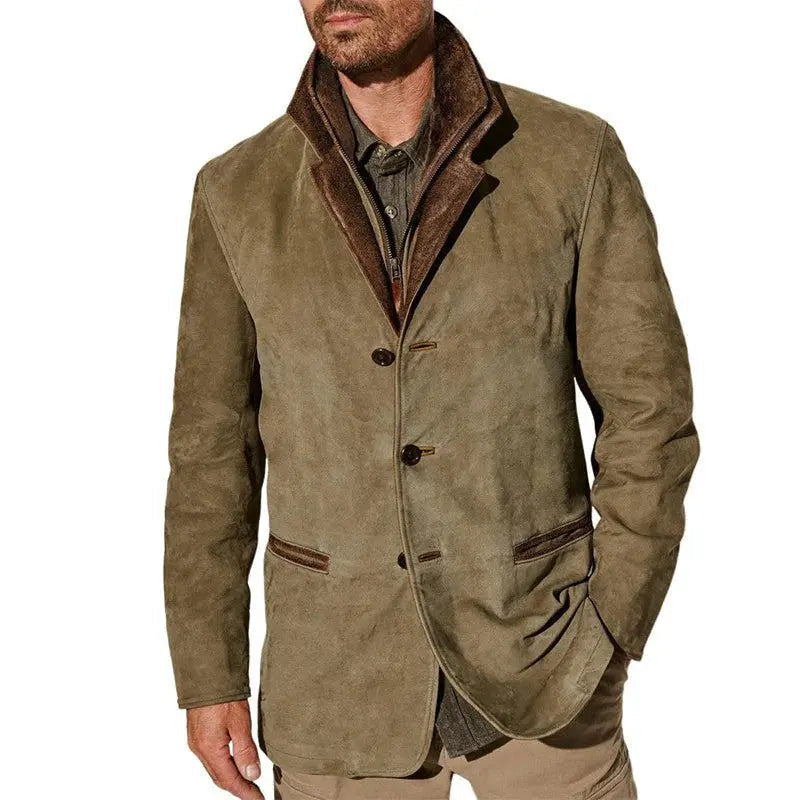Men's versatile khaki button-up winter jacket, offering warmth and a smart structured silhouette for cold weather.