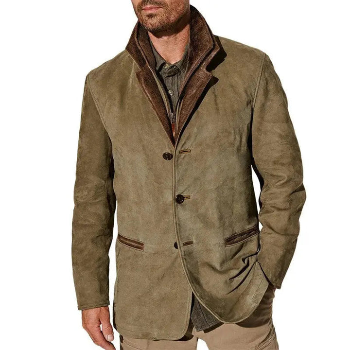 Men's versatile khaki button-up winter jacket, offering warmth and a smart structured silhouette for cold weather.