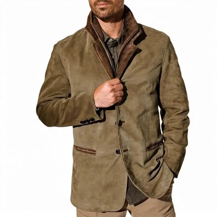 Casual & smart men's button-up winter jacket. Khaki outerwear with classic style, perfect for cold weather fashion.
