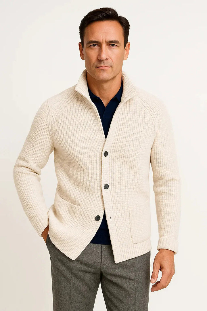 Cozy men's button-up cardigan for versatile everyday wear. Comfortable fit, ideal for fall/winter fashion.