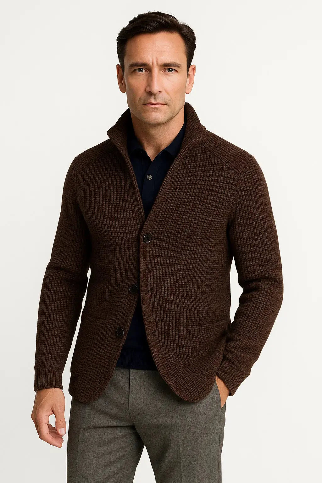 Close-up of a men's long-sleeve button cardigan, showcasing its comfortable knit and classic design.