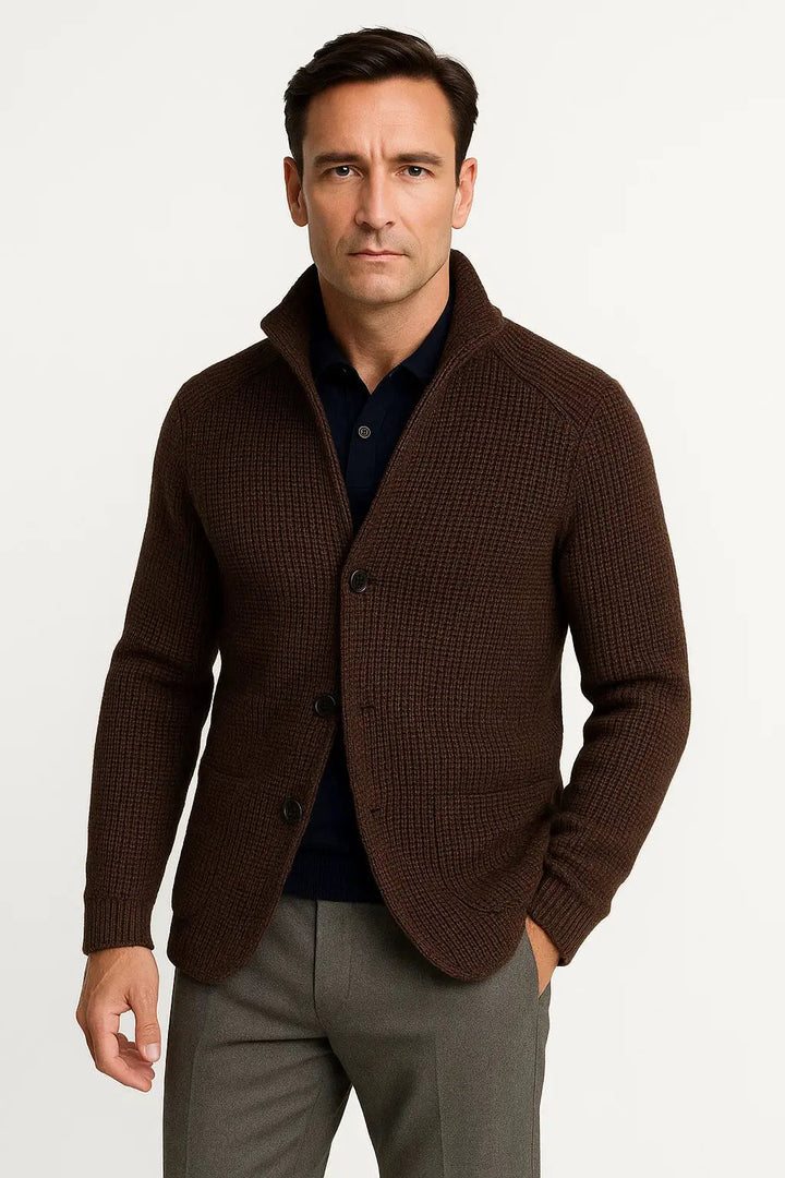 Close-up of a men's long-sleeve button cardigan, showcasing its comfortable knit and classic design.