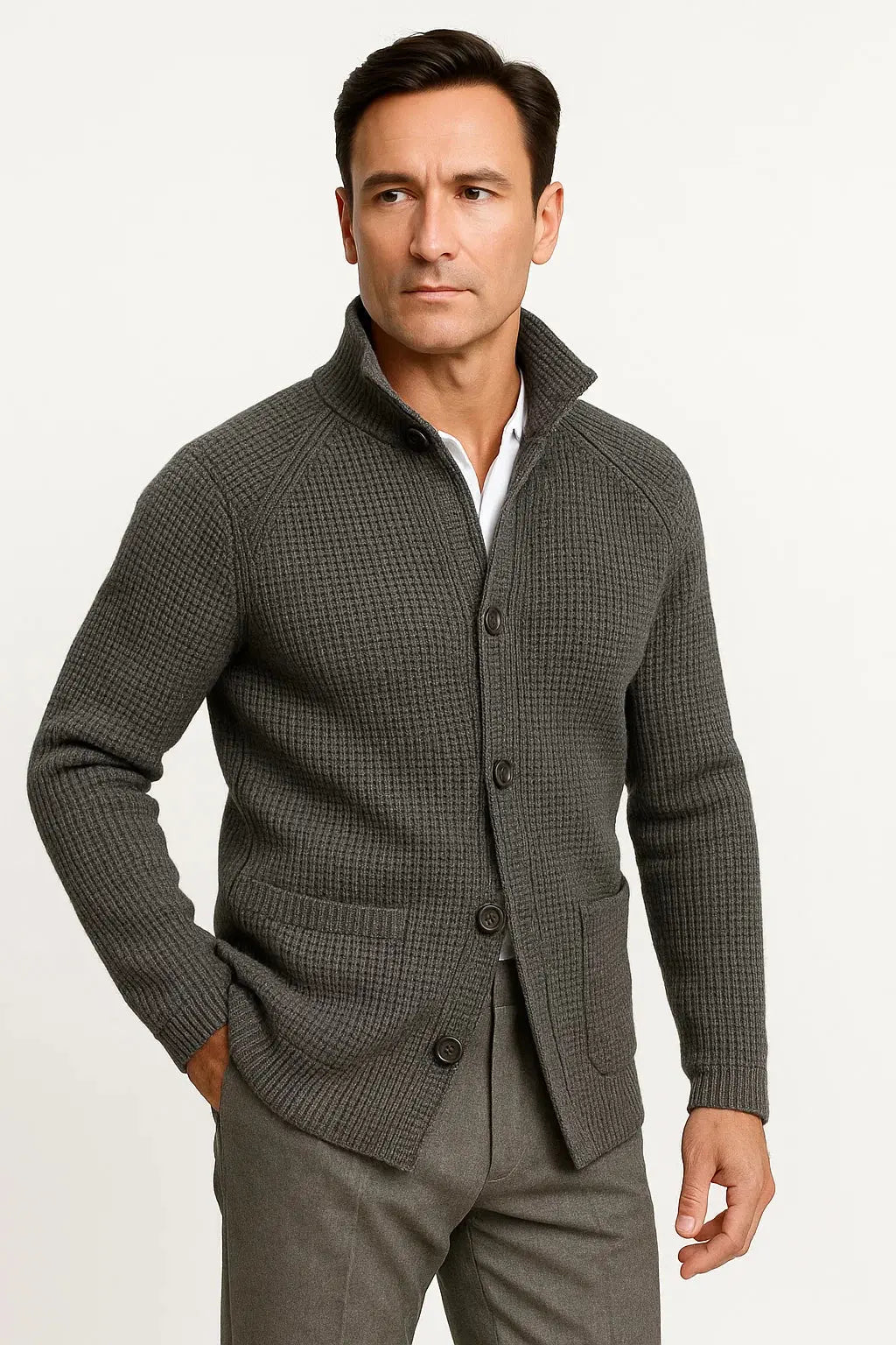 Man wearing a stylish buttoned cardigan over a t-shirt, demonstrating casual everyday fall fashion.