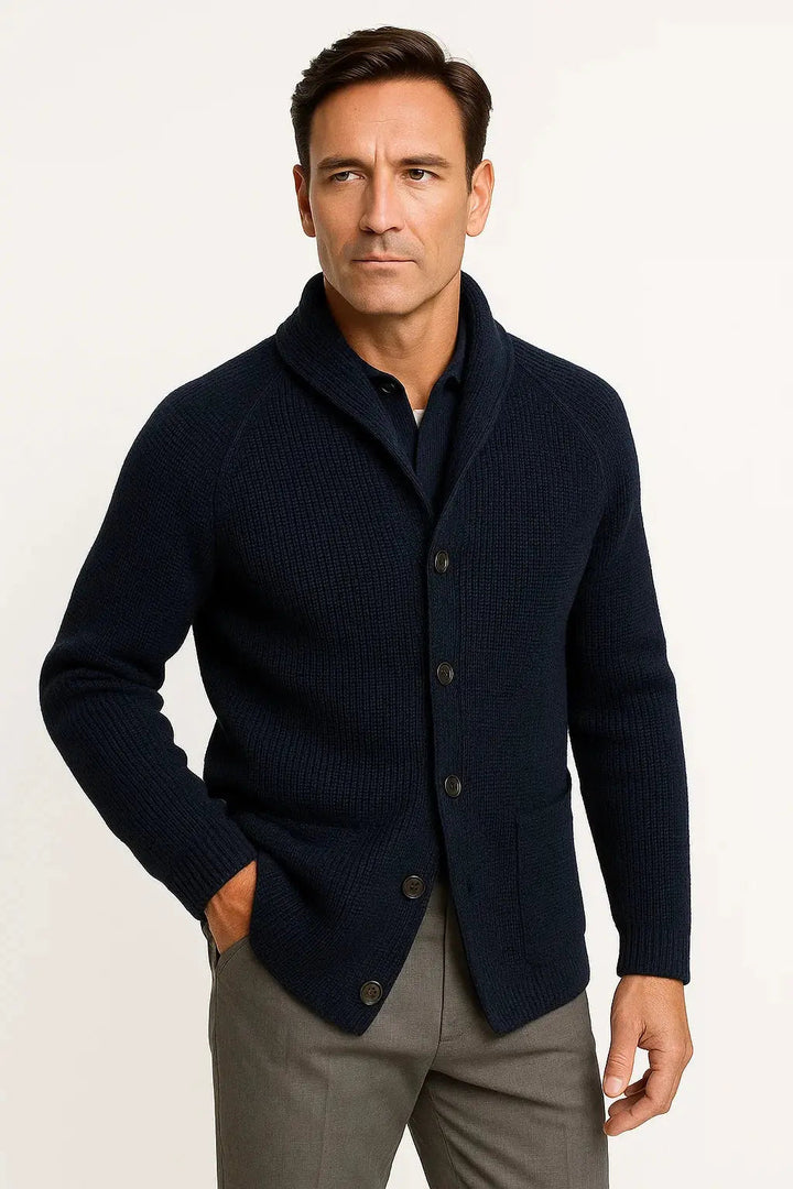 Front view of a classic men's button cardigan. Long sleeve, comfortable fit for versatile fall/winter styling.