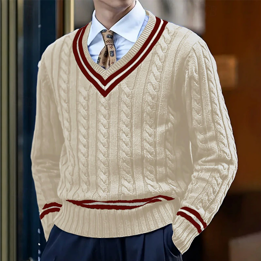 Men's classic cable knit V-neck sweater in a sophisticated dark color, ideal for fall & winter layering.