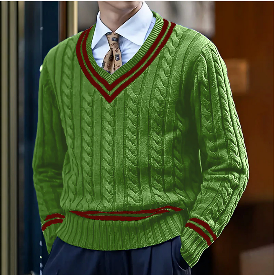 Comfortable men's long-sleeve cable knit V-neck pullover sweater, perfect for smart casual or everyday wear.