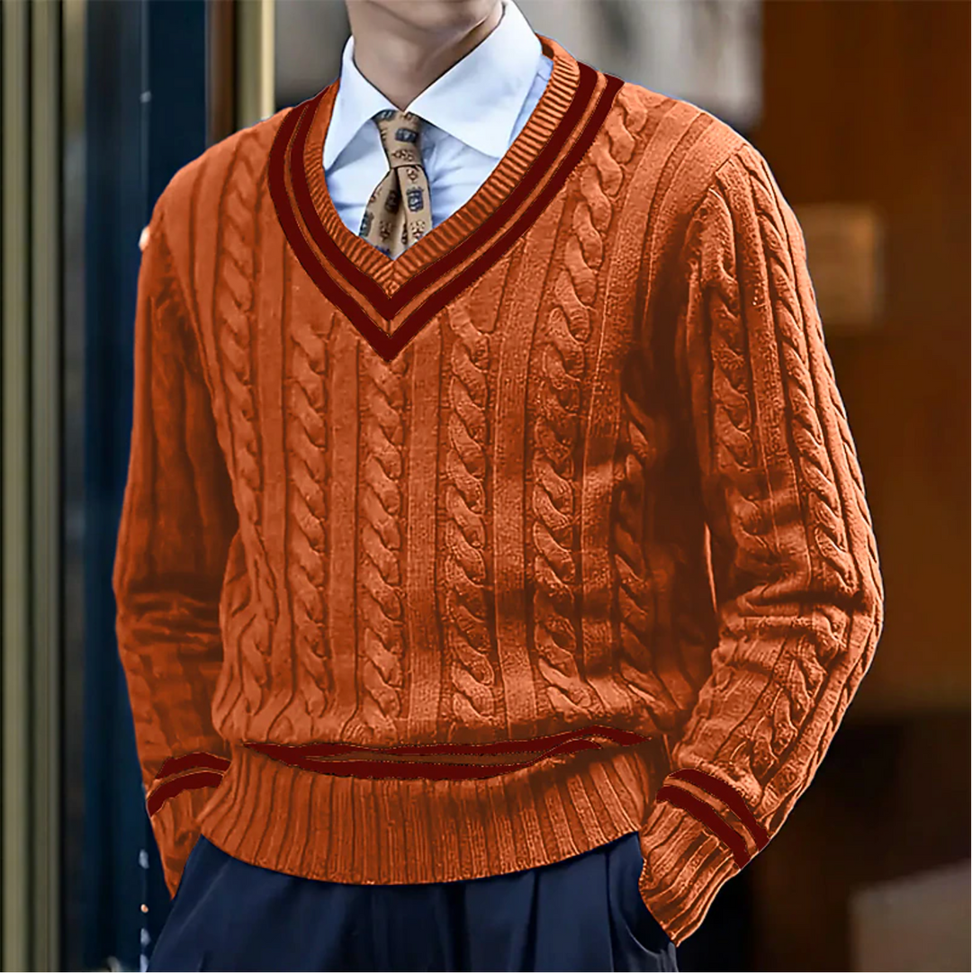 Sophisticated men's V-neck cable knit sweater, a classic choice for smart casual outfits and winter layering.