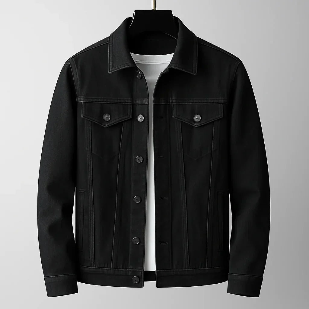 Close-up of men's classic button-up jacket, showing button detail & comfortable casual outerwear style.