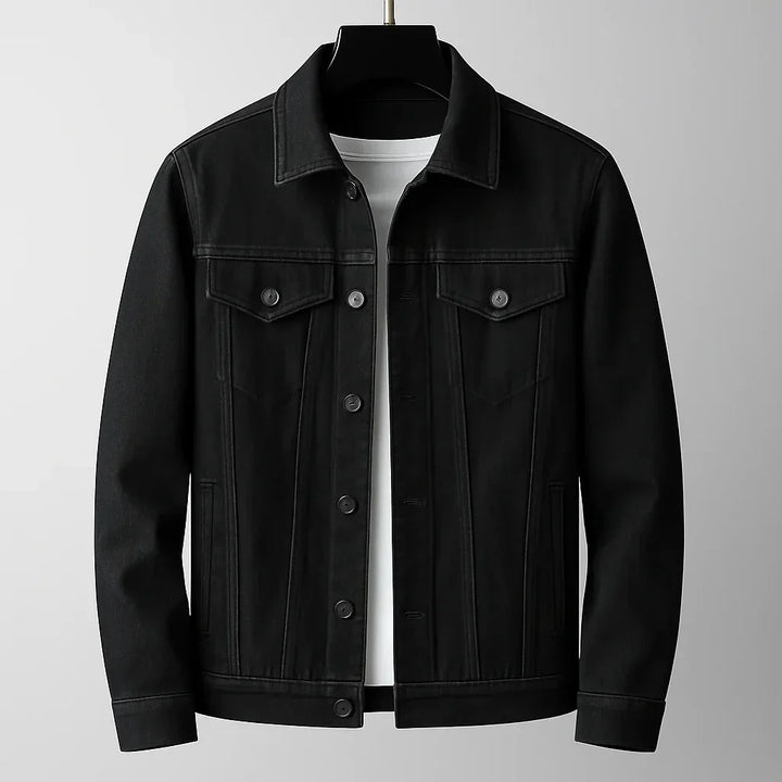 Close-up of men's classic button-up jacket, showing button detail & comfortable casual outerwear style.