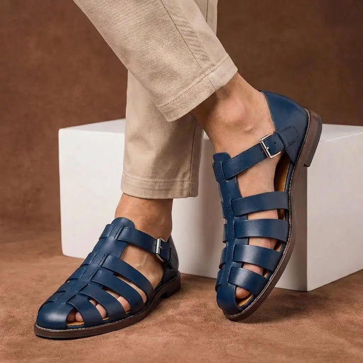 Men's classic closed toe fisherman sandals with adjustable buckle strap, ideal for summer casual wear & comfort.