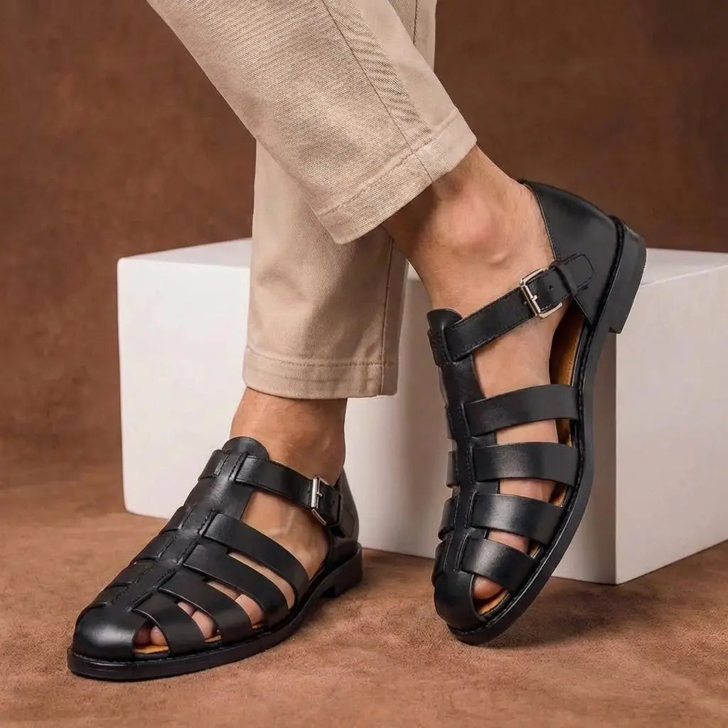 Classic men's closed toe fisherman sandals, featuring durable buckle straps & breathable design for daily comfort.