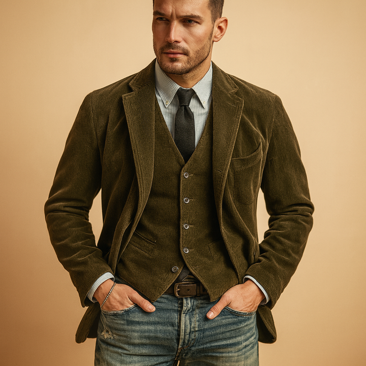Textured men's corduroy blazer in a classic style, offering modern comfort for casual or formal wear.