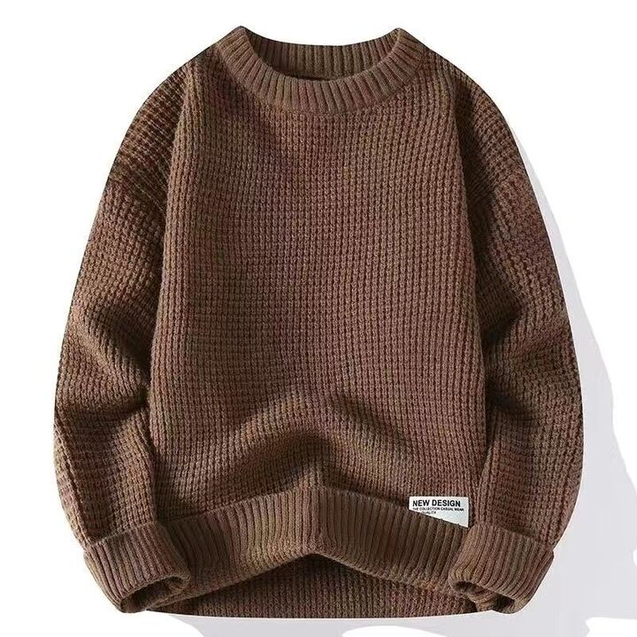 Dark grey men's comfortable crew neck pullover sweater. A classic long sleeve knit for everyday fall & winter style.