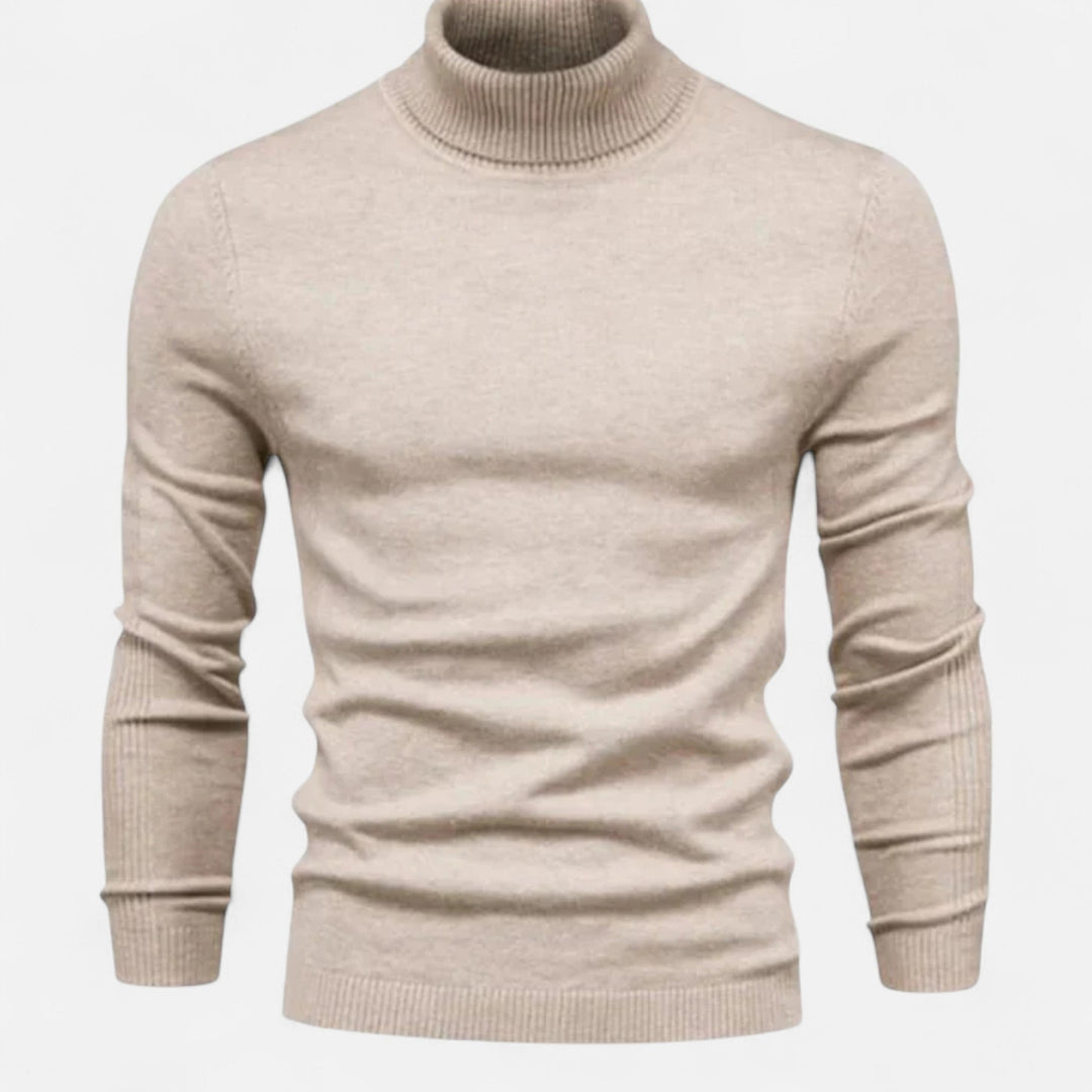 Close-up of a men's classic crew neck sweater, highlighting the soft knit texture. Essential menswear.