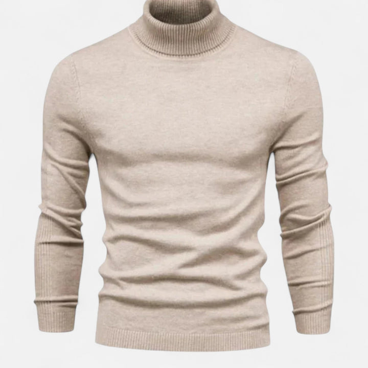 Close-up of a men's classic crew neck sweater, highlighting the soft knit texture. Essential menswear.