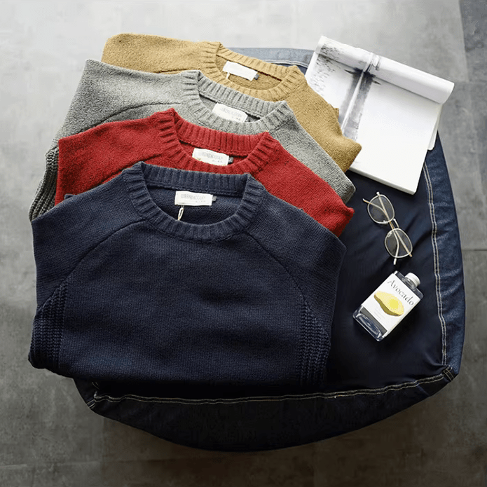 Versatile men's classic crew neck sweater, an essential layering piece with elegant elbow patches.