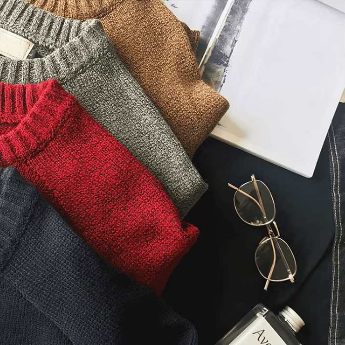 Men's long sleeve crew neck sweater, a timeless design with smart elbow patches for men's fashion.