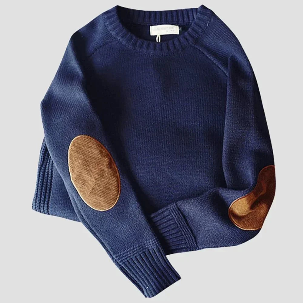 Modern men's crew neck sweater, a smart casual staple with fashionable elbow patches. Great autumn wear.