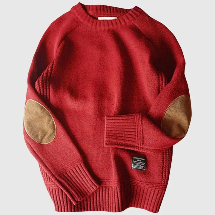 Autumn men's crew neck sweater, a comfortable long sleeve layering piece with stylish elbow patches.
