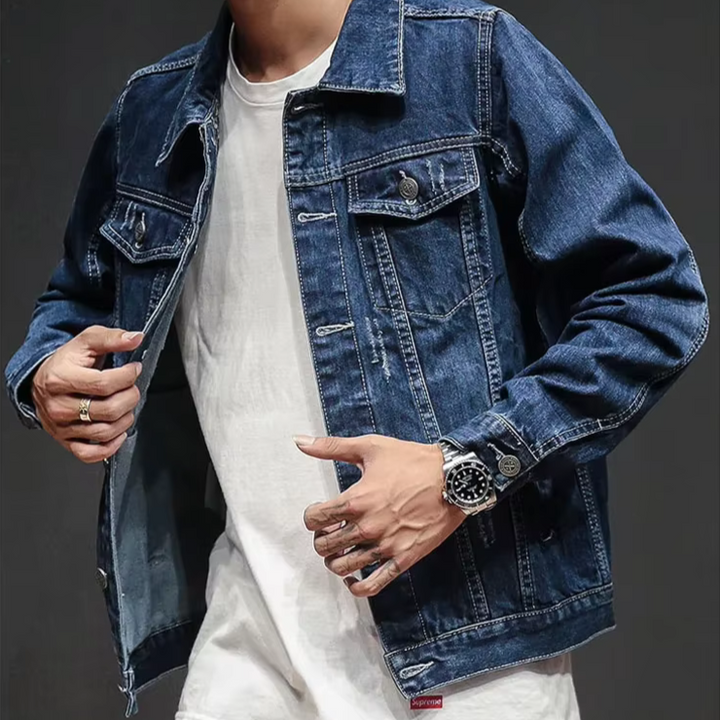 Men's classic distressed denim jacket for casual everyday wear; a versatile light jacket for urban fashion.