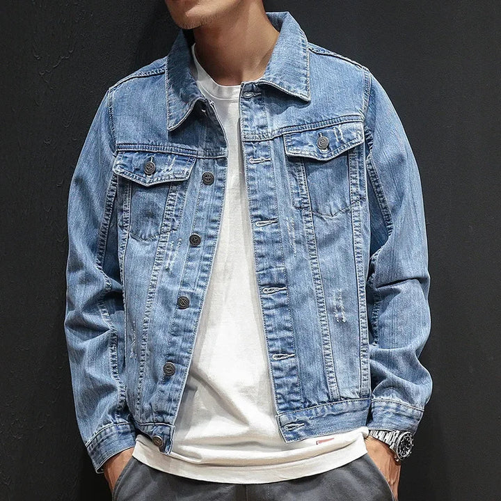 Relaxed fit men's distressed denim jacket, perfect urban fashion outerwear for spring & fall streetwear.