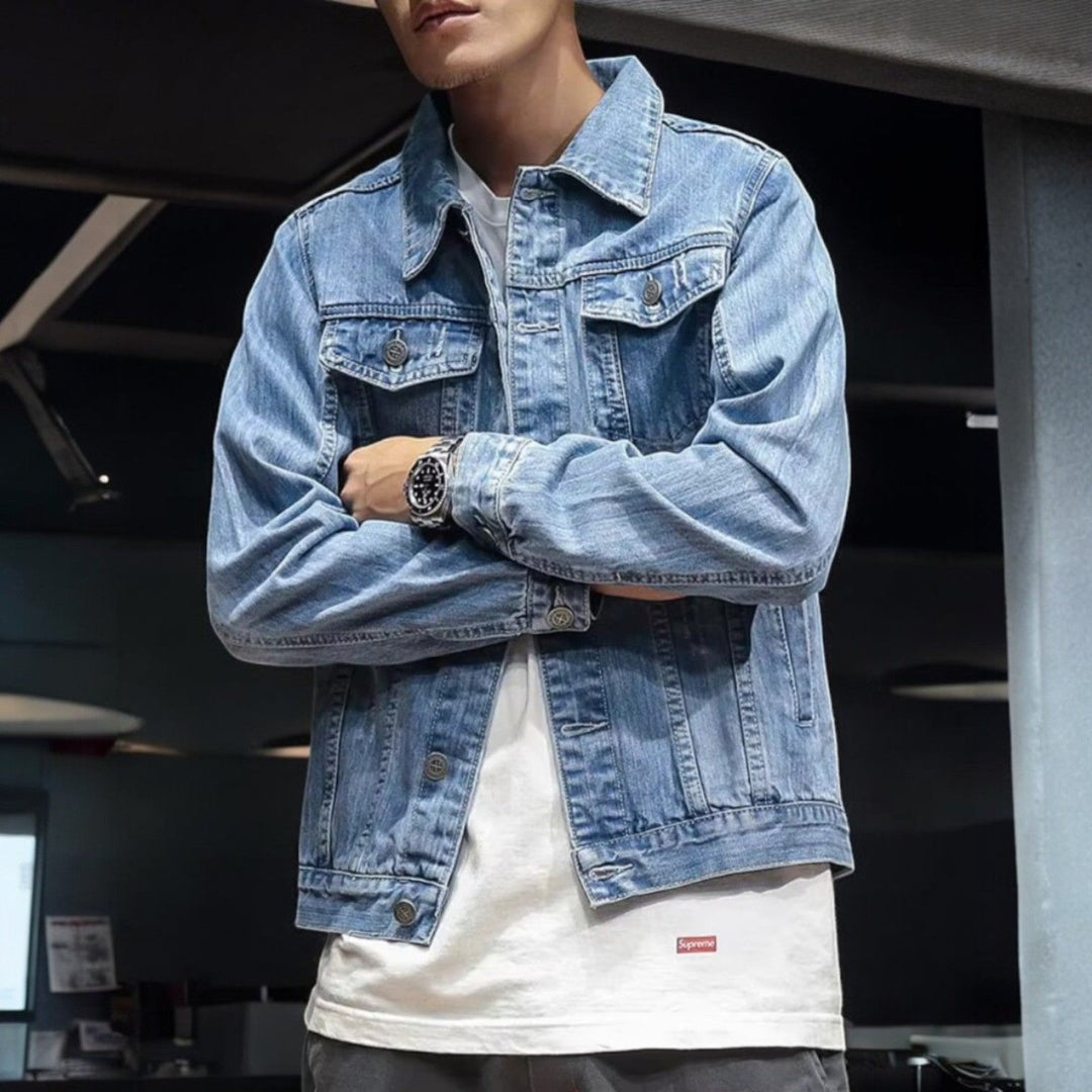 Trendy men's distressed denim jacket, perfect outerwear for spring, fall, and modern casual streetwear.