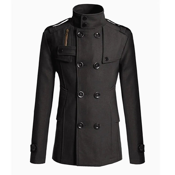 Men's classic double-breasted trench coat with lapel collar, stylish outerwear for versatile fashion. Timeless design.