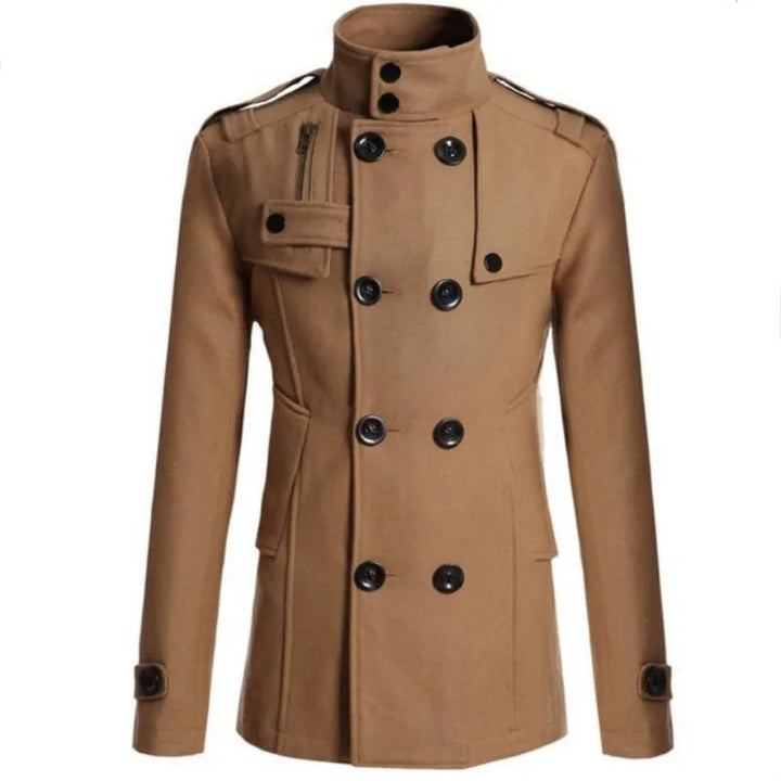 Elegant black men's double-breasted trench coat featuring a sharp lapel collar. Modern and versatile outerwear.