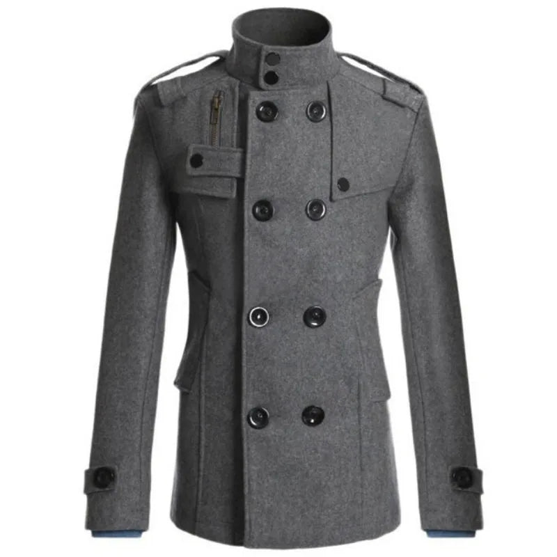 Grey men's double-breasted trench coat. A stylish long jacket with a lapel collar, perfect versatile outerwear.