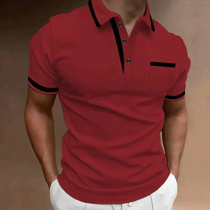 Close-up of a stylish men's elegant polo shirt, highlighting the versatile fabric & classic short-sleeve design.