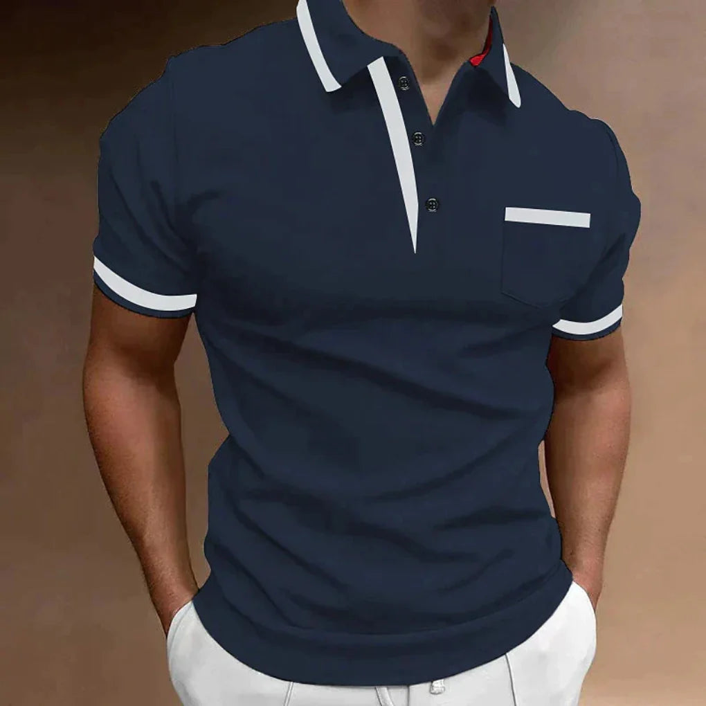 Back view of a comfortable men's elegant polo shirt, showcasing its classic style & versatile fit for any occasion.