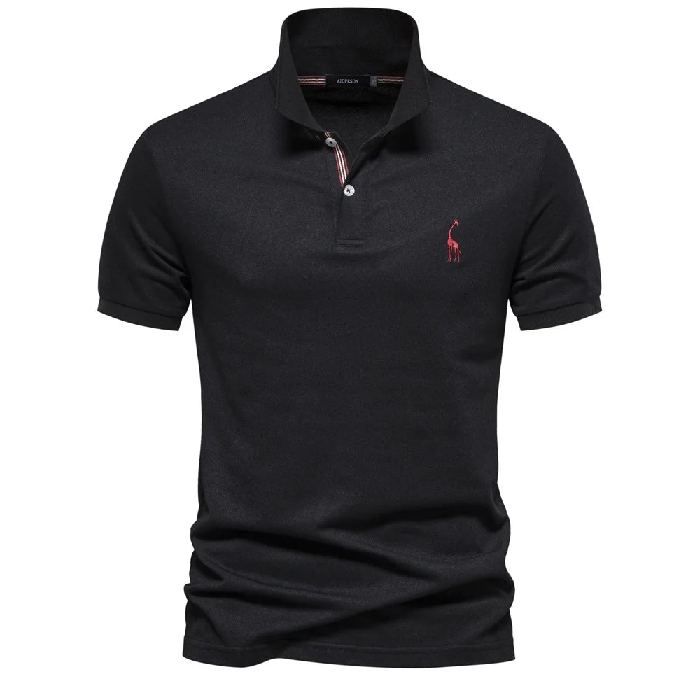 Soft, breathable cotton fabric texture of a new men's classic short-sleeve embroidered polo.