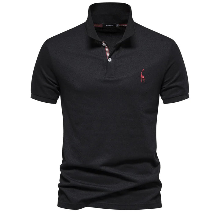Soft, breathable cotton fabric texture of a new men's classic short-sleeve embroidered polo.