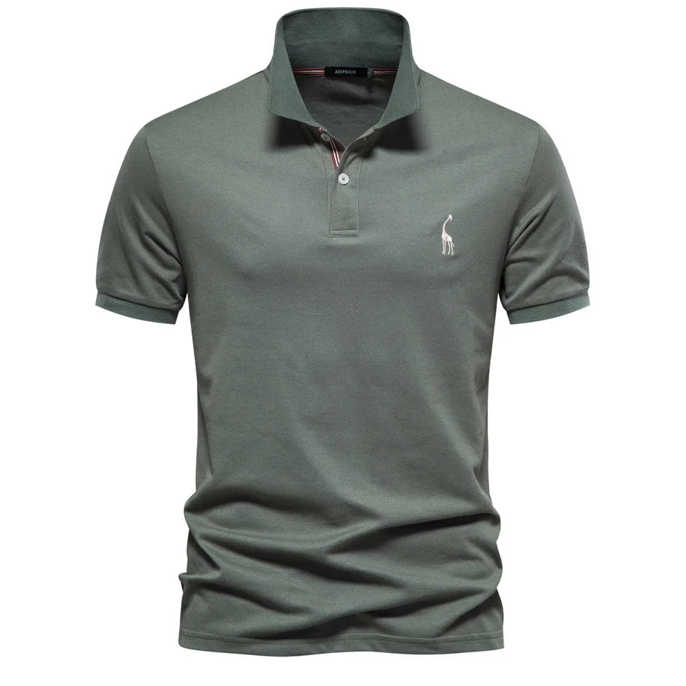 Back view of a versatile men's classic polo shirt with comfortable short sleeves, suitable for any occasion.