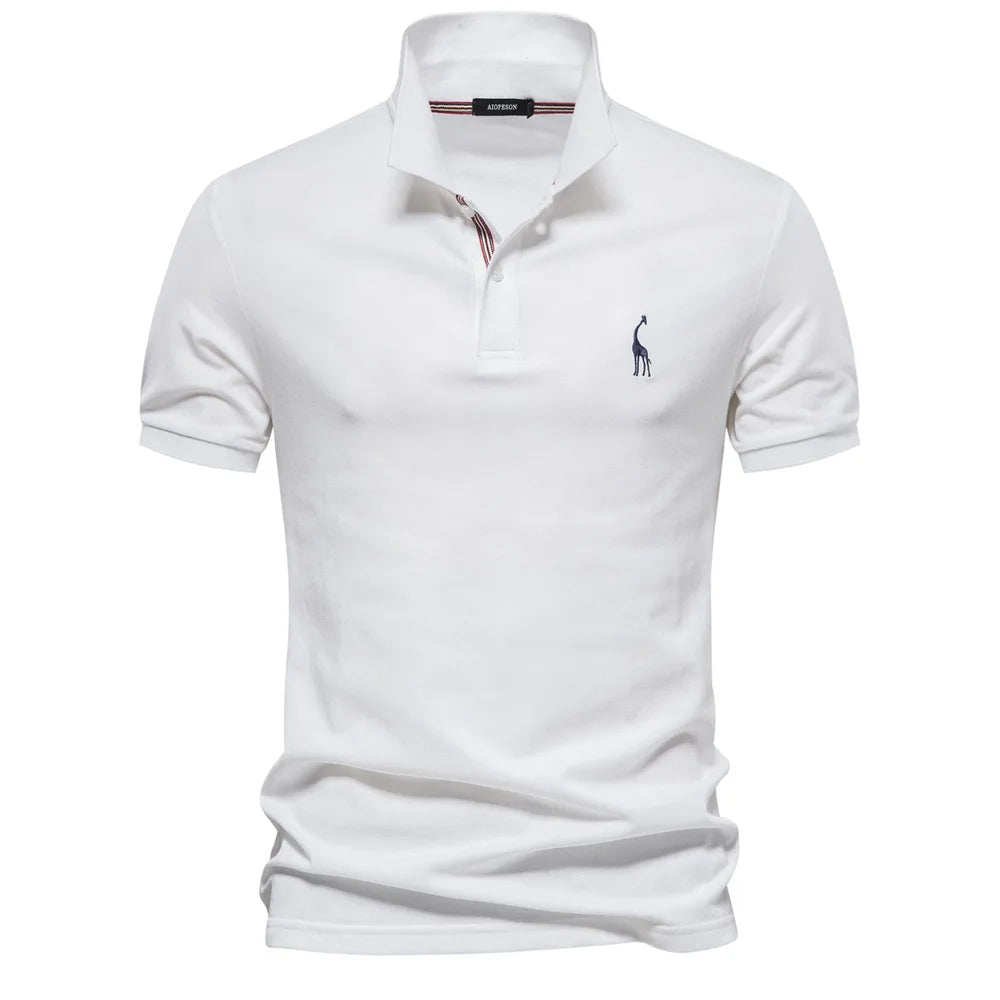 Man in a stylish short-sleeve men's embroidered polo shirt, perfect for a smart casual look.
