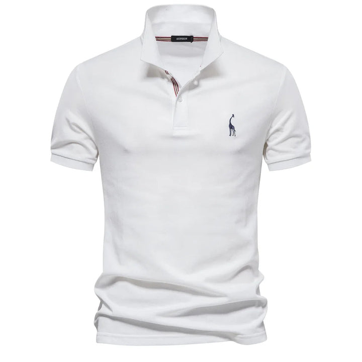 Man in a stylish short-sleeve men's embroidered polo shirt, perfect for a smart casual look.