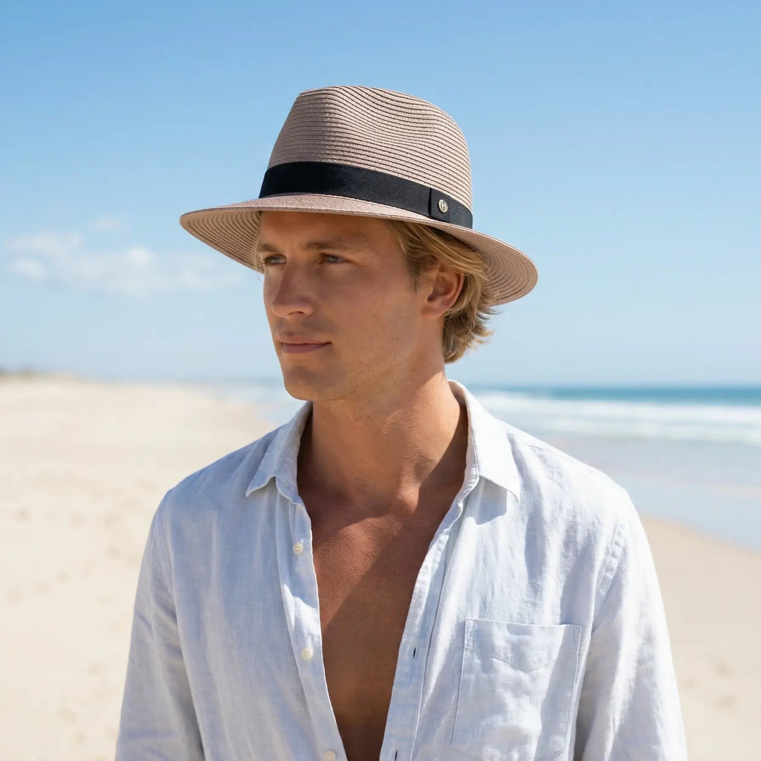 Men's classic fedora hat for stylish sun protection. A versatile summer accessory for travel & beach.