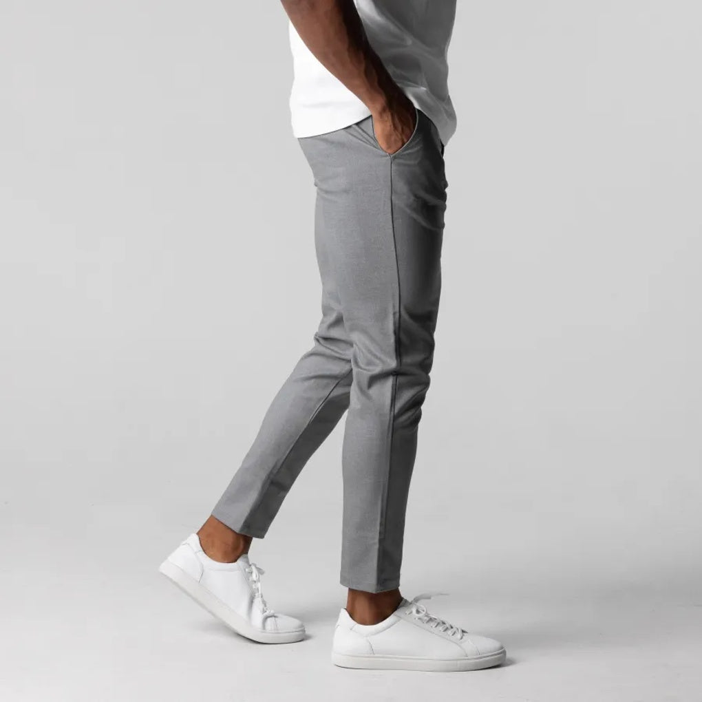 Stylish men's navy chino pants with a classic flat front design, perfect for smart casual or dress wear. Men's apparel.