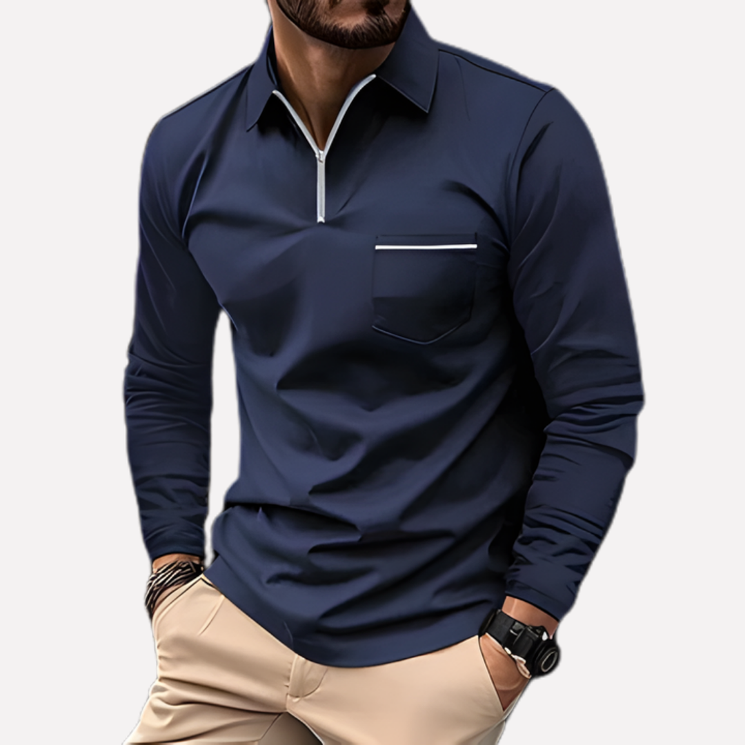Men's classic fit long-sleeve polo shirt with chest pocket & button placket. Ideal for smart casual everyday wear.