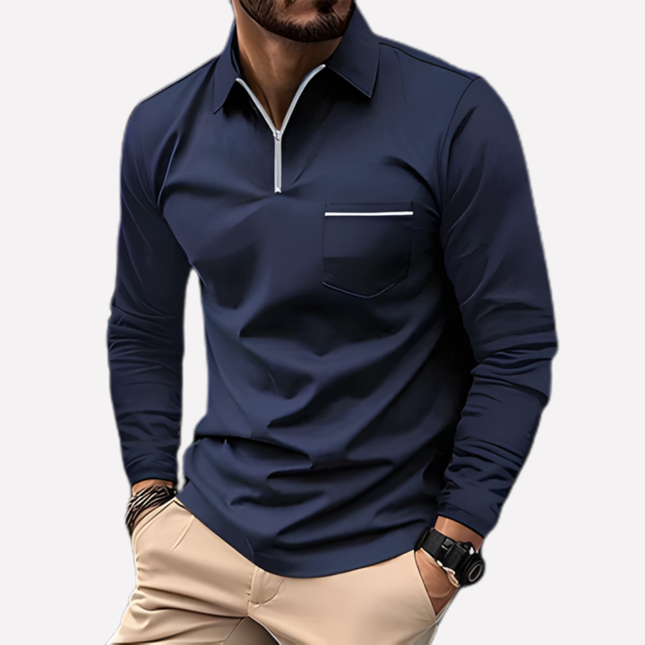 Men's classic fit long-sleeve polo shirt with chest pocket & button placket. Ideal for smart casual everyday wear.