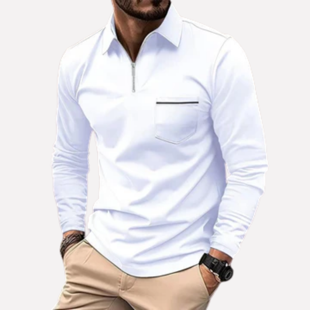 Men's long-sleeve polo shirt featuring a practical chest pocket & button placket. A classic casual top for men.