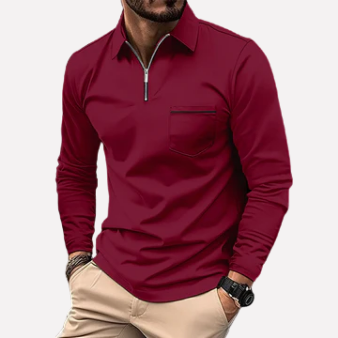 Comfortable men's long-sleeve polo shirt, a timeless casual top with chest pocket. Essential menswear for daily wear.
