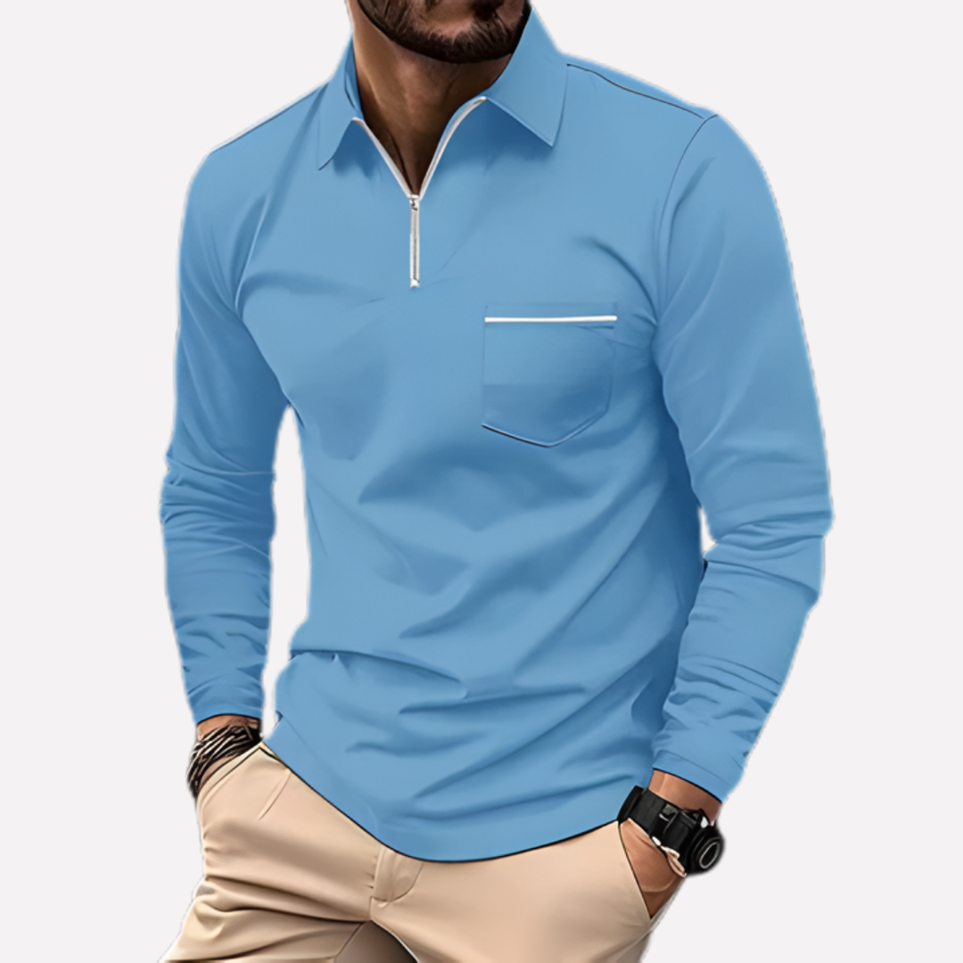 High-quality men's long-sleeve polo shirt. Classic fit casual top with chest pocket, great for versatile styling.