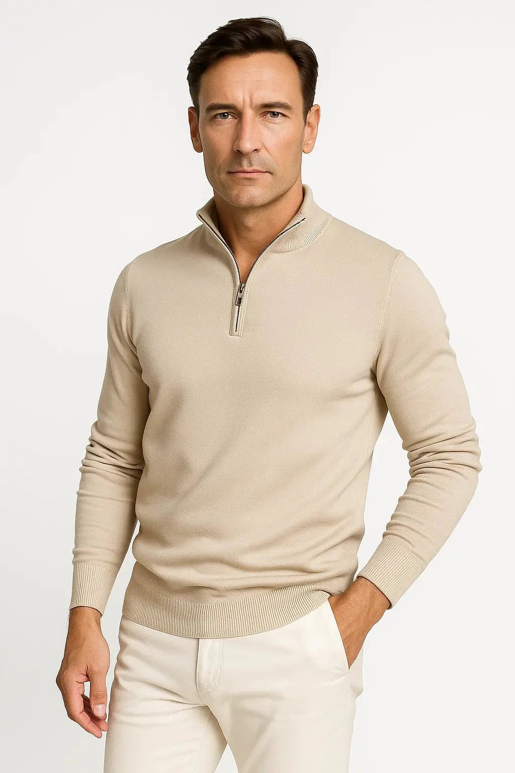 Men's classic fit quarter zip sweater, minimalist design. Ideal for smart casual or comfortable layering.