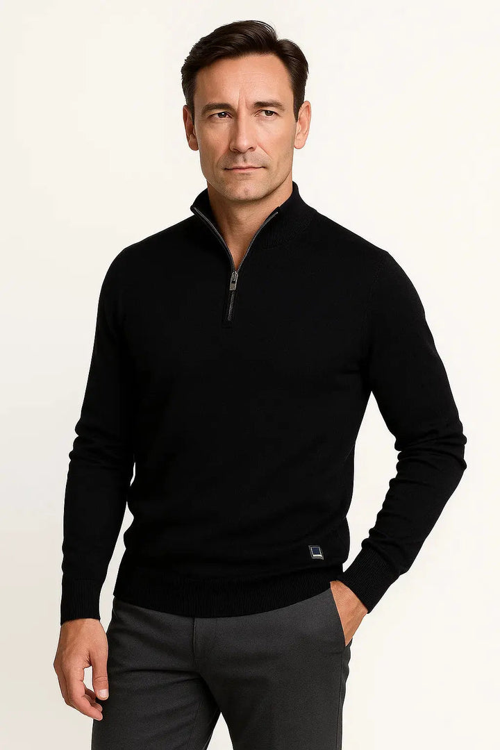 Close-up of men's quarter zip sweater, showing durable zipper, refined collar, and minimalist details.
