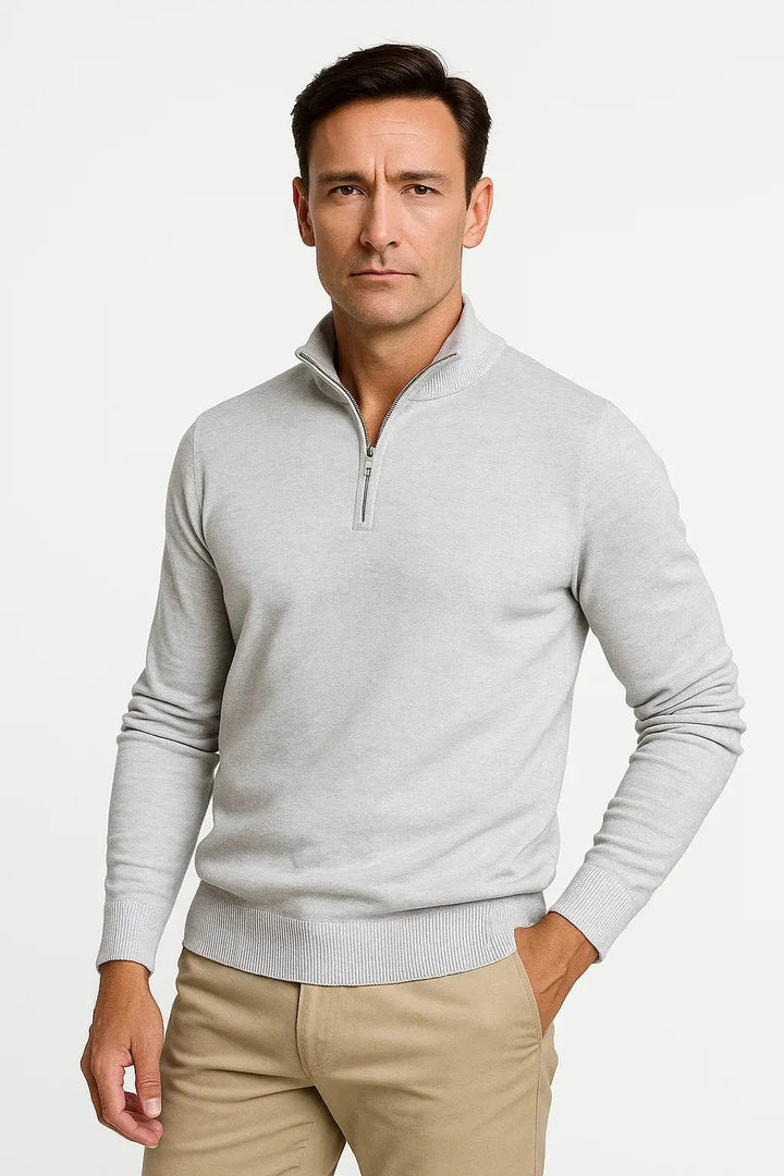 Back view of a men's classic fit quarter zip pullover, emphasizing sleek silhouette and comfortable design.
