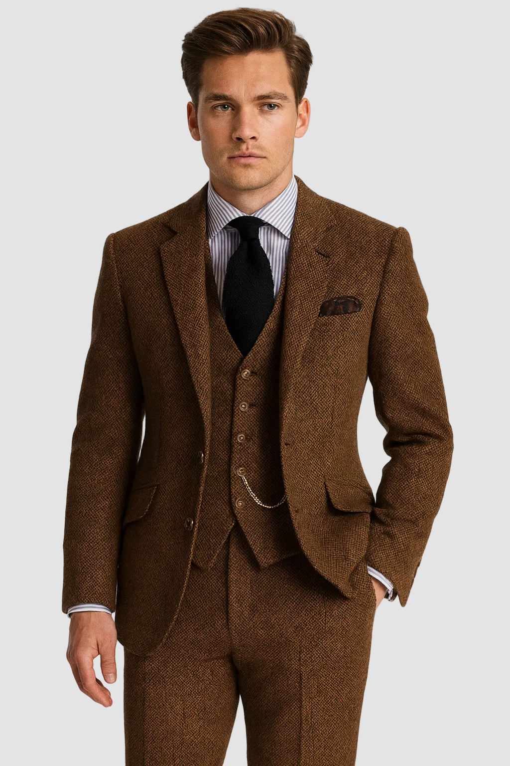 Men's classic formal three-piece suit with vest and elegant chain. Perfect for weddings, business & formal events.