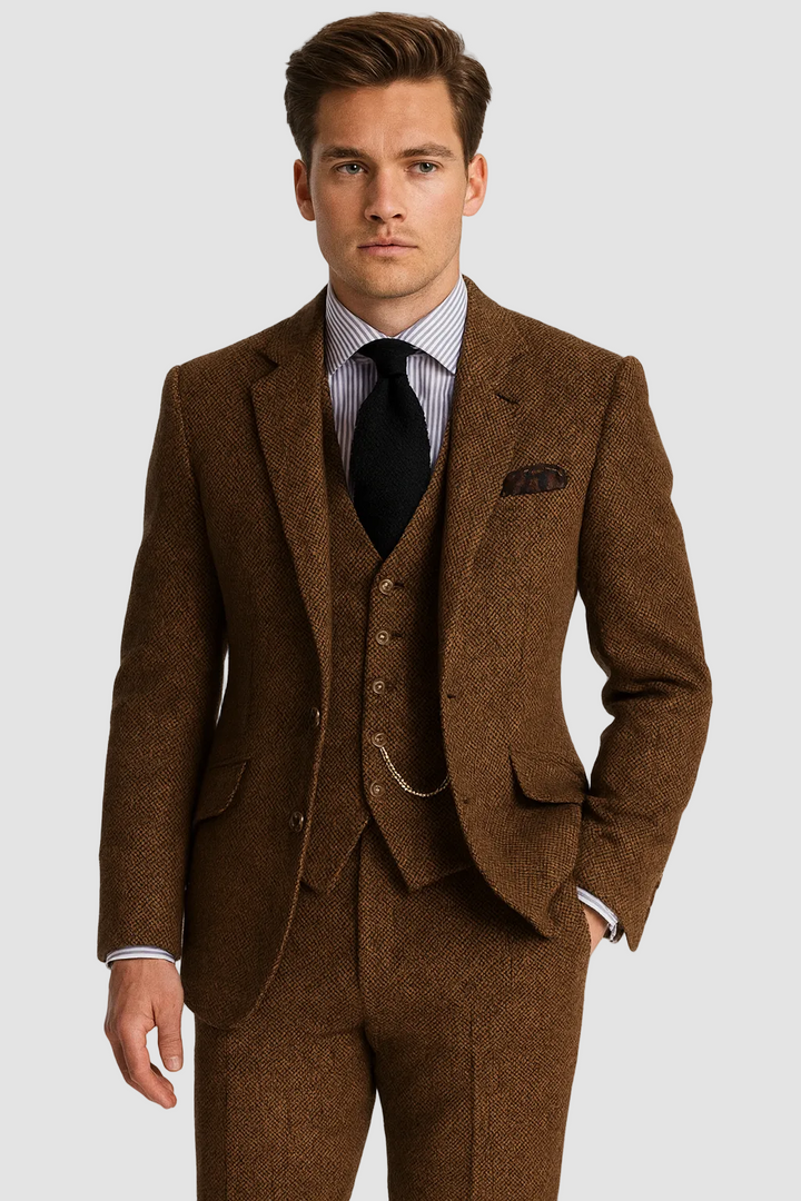 Men's classic formal three-piece suit with vest and elegant chain. Perfect for weddings, business & formal events.
